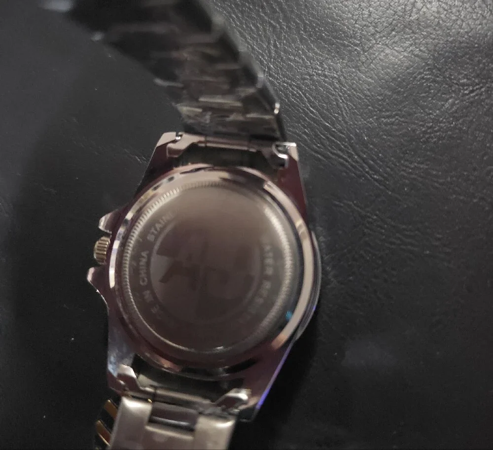 Men's Stainless Steel Watch with Black Dial and Red Bezel Accent